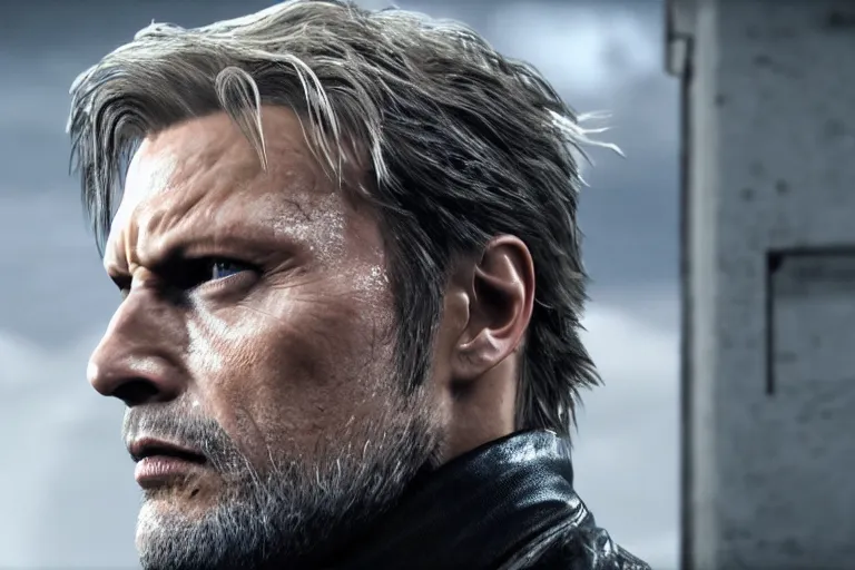 Prompt: Mads Mikkelsen as Solid Snake in Metal Gear Solid (2022), side view profile, high-quality 4k