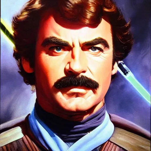 Prompt: ultra realistic portrait painting of tom selleck as anakin skywalker, art by frank frazetta, 4 k, ultra realistic, highly detailed, epic lighting