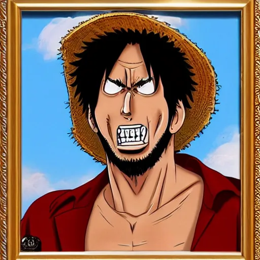 Prompt: nic cage as monkey d luffy, buff, painted portrait, highly detailed,