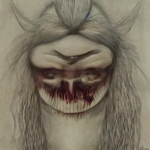 Image similar to evil beautiful female clown by Beksinski