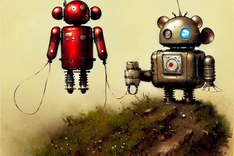 Image similar to adventurer ( ( ( ( ( 1 9 5 0 s retro future robot android mouse rv balloon robot. muted colors. ) ) ) ) ) by jean baptiste monge. chrome red