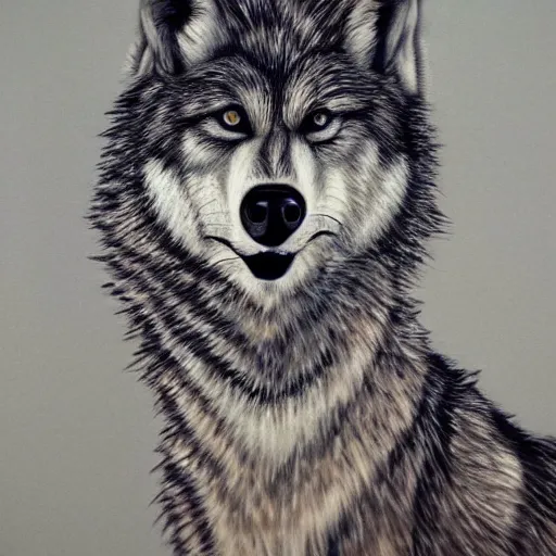 Image similar to realistic portrait of retarded wolf, eyes in different directions, very ugly, stupid