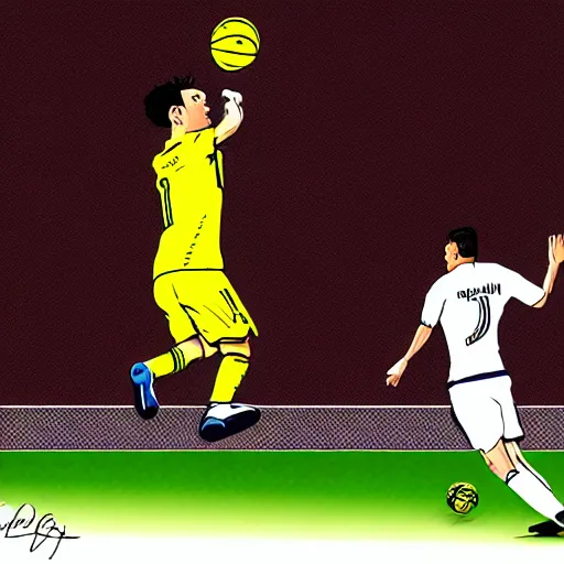Image similar to Messi dunking on Ronaldo, illustration, sketch