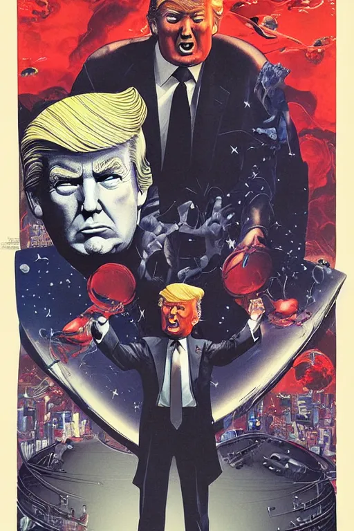 Image similar to donald trump consumes the world, disgusting, horror, high details, intricate details, by vincent di fate, artgerm julie bell beeple, 90s, inking, vintage 90s print, screen print