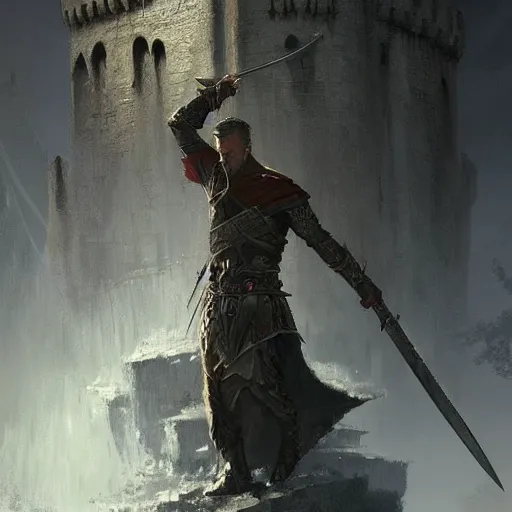 Prompt: king Arthur holding sword, castle in the background, Greg Rutkowski, trending on artstation