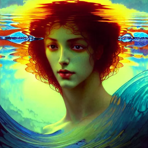 Image similar to transcendent mind bending indigo waves of glossy psychedelic liquid honey flowing like kaleidoscopic translucent amber, lsd waves, honey ripples, enlightenment, dramatic professional lighting, refracted sunset lighting, highly detailed, bodhisattva concept art, art by collier, albert aublet, krenz cushart, artem demura, alphonse mucha