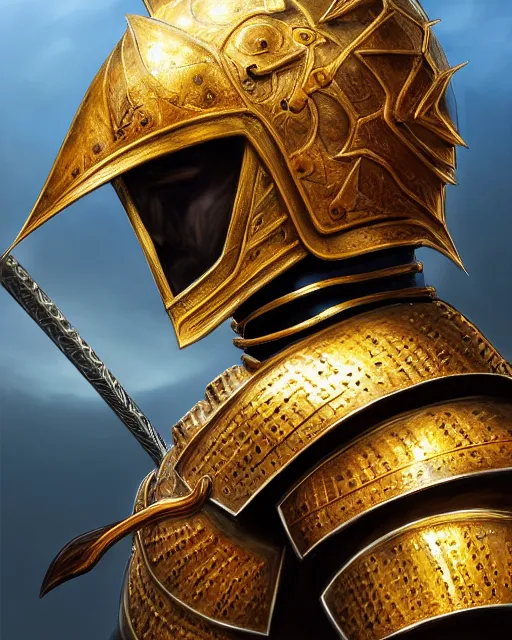 Image similar to hyper realistic side view painting of the king of the desert, angry, wide angle, gold armour, sword, dramatic lighting, intricate, wild, highly detailed, digital painting, artstation, concept art, smooth, sharp focus, illustration