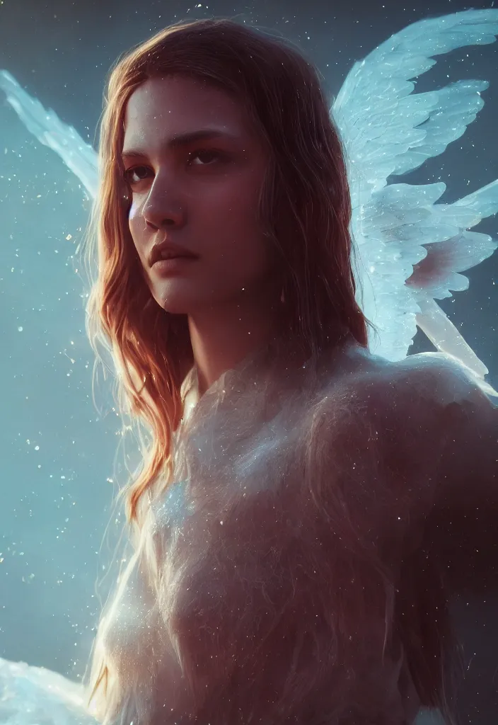 Image similar to portrait art of female angel by alessio albi 8 k ultra realistic, angel wings, lens flare, atmosphere, glow, detailed, intricate, full of colour, cinematic lighting, trending on artstation, 4 k, hyperrealistic, focused, extreme details, unreal engine 5, cinematic, masterpiece