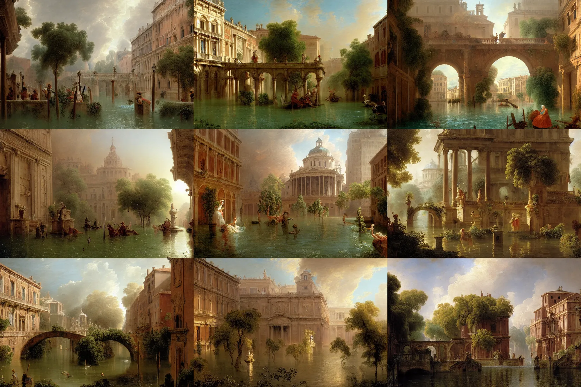 Prompt: colonial fountains of water flooding a town grand canal, stoic, archways made of lush greenery, water coming out of windows, light dust, magnificent, hyperdetailed, theatrical, close up, masterpiece, painted by jean honore fragonard and greg rutkowski