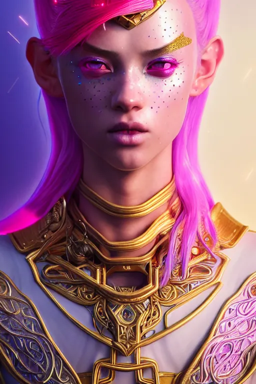 Image similar to hyperdetailed portrait of a stunningly beautiful european girl androgynous guard made of iridescent metals shiny pink gems, bright rainbow gold sparkled nimbus, inspired by ross tran and wlop and masamune shirow and kuvshinov, concept art, intricate, photorealistic, octane render, rtx, hdr, unreal engine, dnd digital art by artgerm