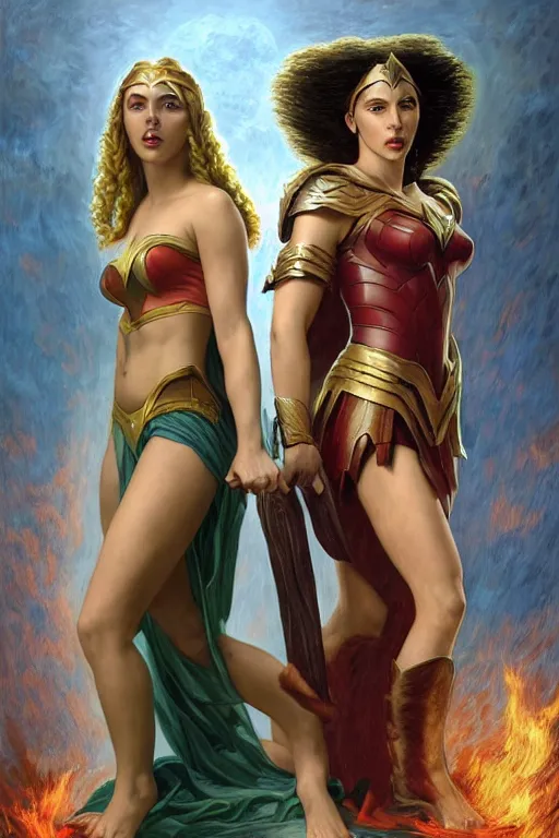 Image similar to A fantasy comic book style Oil Painting portrait of Scarlett Johansson and Gal Gadot, as Atlantean Reptilian Warriors, Mystical Valkyrie, unreal 5, DAZ, hyperrealistic, octane render, Regal, Refined, Detailed Digital Art, RPG portrait, William-Adolphe Bouguereau, Michael Cheval, Walt Disney (1937), François Boucher, Steampunk, dynamic lighting, Highly Detailed, Cinematic Lighting, Unreal Engine, 8k, HD