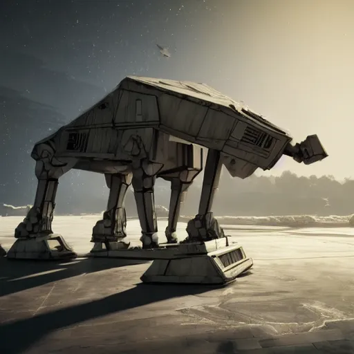 Image similar to a hyperrealistic octane render of a star wars at - at in the pose of the thinker, unreal engine, 8 k, dramatic lighting, volumetric lighting, hyper detailed, photorealistic