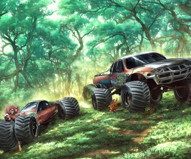 Image similar to monster truck in a forest, anime fantasy illustration by tomoyuki yamasaki, kyoto studio, madhouse, ufotable, comixwave films, trending on artstation