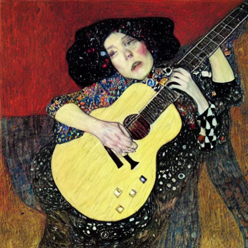 Prompt: Anne Erin Clark playing guitar by Kent Williams and Gustav Klimt