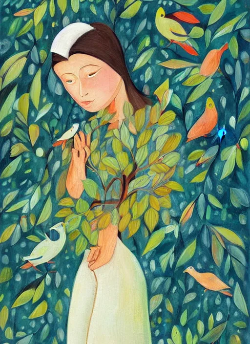 Image similar to a wonderful childrens illustration book portrait painting of a woman with serene emotion, art by tracie grimwood, forest, trees, many leaves, birds, whimsical, aesthetically pleasing and harmonious natural colors