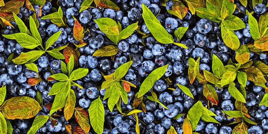 Image similar to artistic medium close-up stylized render of blueberry bushes in a forest. Digital art. 4K. Trending on artstation. Highly detailed. Nature. Artistic. Rustic. Nordic Wild