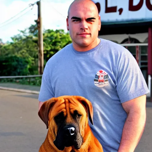 Image similar to a big boerboel dog in front of a wafflehouse