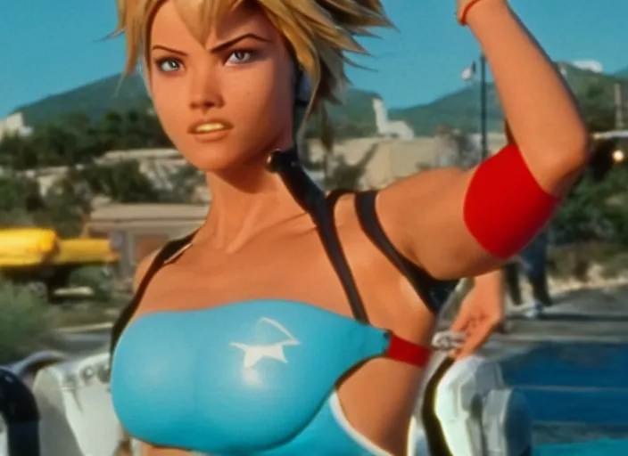 Image similar to a film still of a waman called tracer from overwatch in baywatch ( 1 9 8 9 )