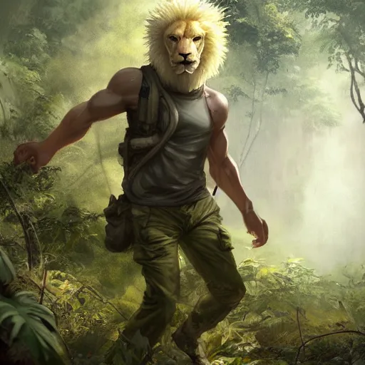 Image similar to commission portrait of a male anthro albino lion,wearing cargo pants and a boack t-shirt,going through a jungle cautiously.dramatic,character design by charles bowater,greg rutkowski,ross tran,hyperdetailed,hyperrealistic,4k,deviantart,artstation,professional photography,concept art