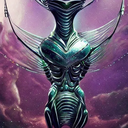 Prompt: an alien taking form of a metallic poseidon, sci-fi art, stunning, gorgeous, epic, much detailed, much wow, masterpiece