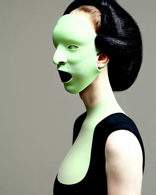 Image similar to portrait of a woman wearing a green embroidered translucent silicone mask and white frizzy hair buns, wearing a black bodysuit by alexander mcqueen, cream white background, soft diffused light, biotechnology, humanoide robot, bjork aesthetic, translucent, by rineke dijkstra, intricate details, highly detailed, masterpiece,