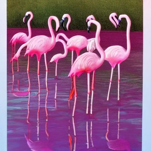 Prompt: ten melting pink flamingos in the style of Dali