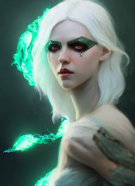 Image similar to a beautiful white - haired girl with emerald eyes dressed as a superhero, pyromancer, intricate, elegant, highly detailed, digital painting, artstation, concept art, smooth, sharp focus, illustration, ethereal, misty, by ilya kuvshinov and jeremy mann, 8 k, octane render