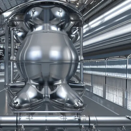 Image similar to big metallic capsule connected to pipelines, purpose is pump, standing in large industrial hall, designed by best engineers, raytracing, reflections