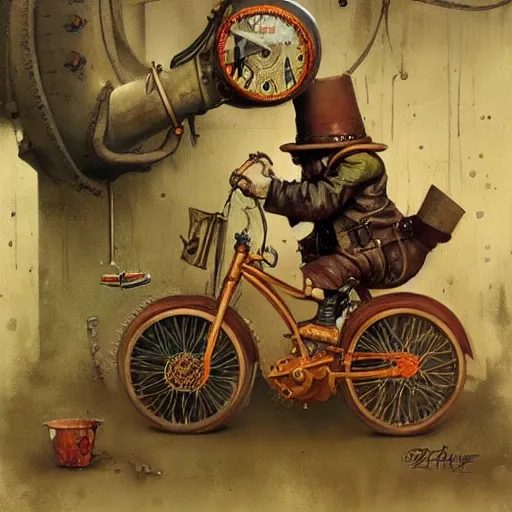 Image similar to Graffiti Spraypaint A gnome gnome riding a steampunk automaton clockwork golem golem jim lambie michael cheval norman rockwell greg rutkowski alberto sughi tombow