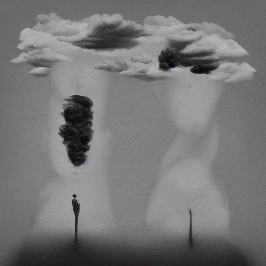 Prompt: surrealist artwork of the atmospheric indie album about your head feeling like a black cloud.