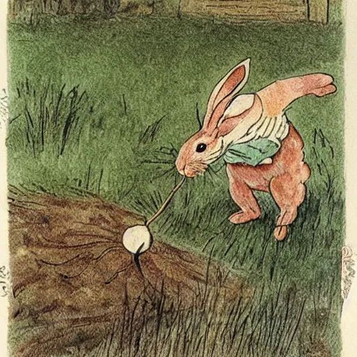 Prompt: rabbit straining to pull a turnip from soil, by beatrix potter