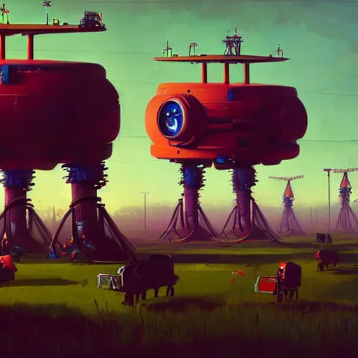 Image similar to the wretched mechanical giants who plague our kingdom, art by Simon Stalenhag