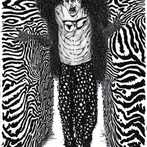 Image similar to animal print pants out of control. it's redfoo with a big afro! in the style of Stephen Gammell. Scary stories to tell in the dark. horror image. Scary! macabre illustration. crosshatching.