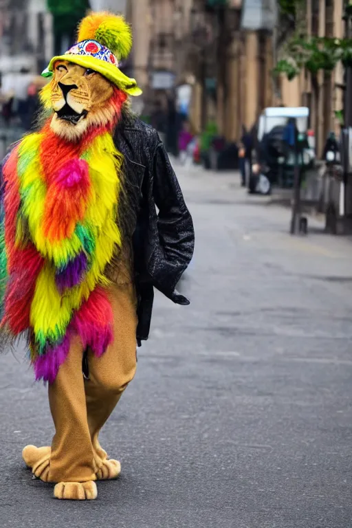 Prompt: An anthro anthropomorphic lion wearing a brightly coloured hat and silk scarf, proudly walking down the street, happy, joyful, in the style of Cassius Marcellus Coolidge