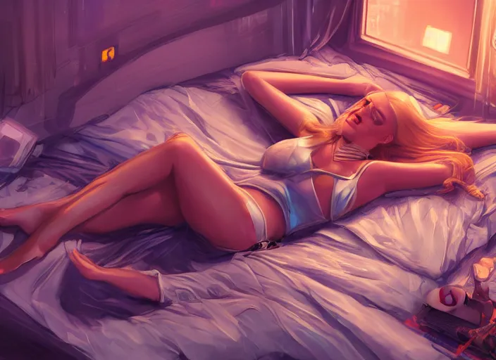 Prompt: blonde woman laying down on a bed, dark cluttered room, blue light, Cyberpunk, top down, wide shot, Artstation, intricate, highly detailed, digital art