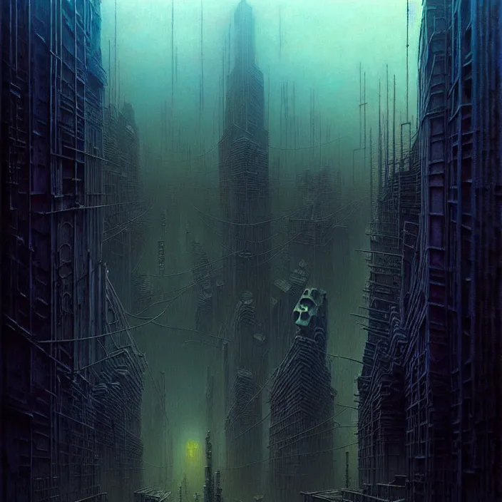 Image similar to ethereal horror of a cyberpunk cityscape, by zdzisław beksinski and greg rutkowski, organic, industrial, surreal, dark, cool colors