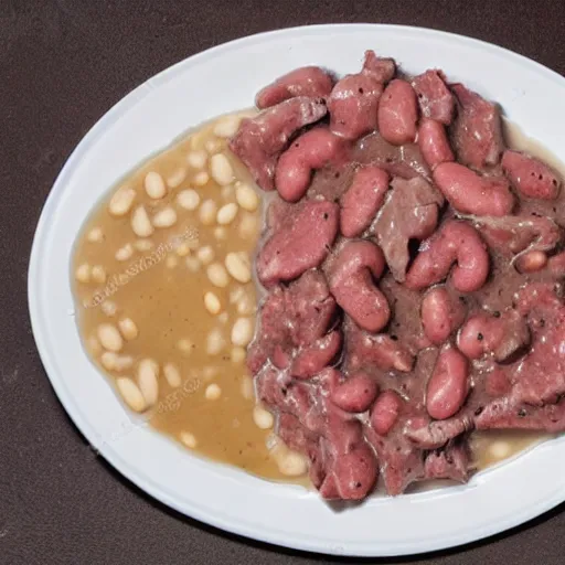 Prompt: raw meat chunks in white gravy with beans,