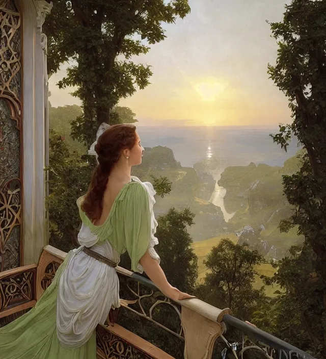 Prompt: intricate oil painting of a young alicia vikander with pointed ears wearing ornate white and light green dress with silver belt, looking out at sunrise over rivendell from her art nouveau balcony, elegant, digital painting, smooth, sharp focus, illustration, ultra realistic, 8 k, by bouguereau, alphonse mucha, artgerm, and donato giancola