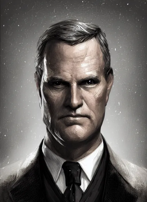 Image similar to a highly detailed illustration of 6 7 year - old clean - shaven chubby white man wearing black detective coat with necktie, heroic pose, strings background, intricate, elegant, highly detailed, centered, digital painting, artstation, concept art, smooth, sharp focus, league of legends concept art, wlop.