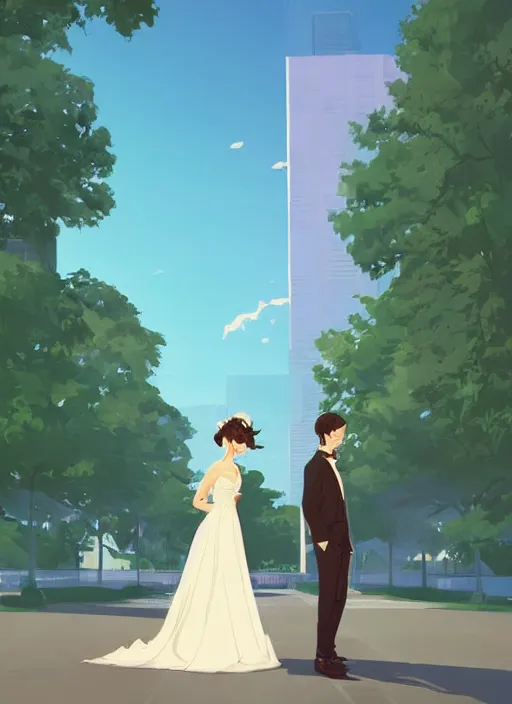 Image similar to a bride and groom on their wedding day. clean cel shaded vector art. shutterstock. behance hd by lois van baarle, artgerm, helen huang, by makoto shinkai and ilya kuvshinov, rossdraws, illustration, art by ilya kuvshinov