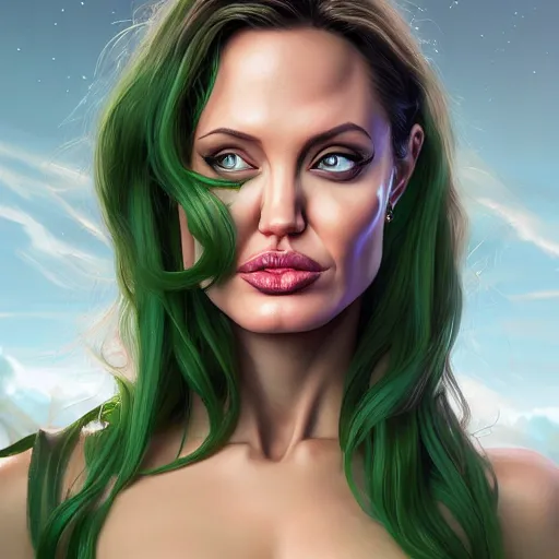 Image similar to highly detailed portrait of angelina jolie as green muscular she - hulk, very pretty, elegant, full body portrait, stephen bliss, unreal engine, fantasy art by artgerm, loish, rhads, ferdinand knab, makoto shinkai and lois van baarle, ilya kuvshinov, rossdraws, tom bagshaw, global illumination, illustration