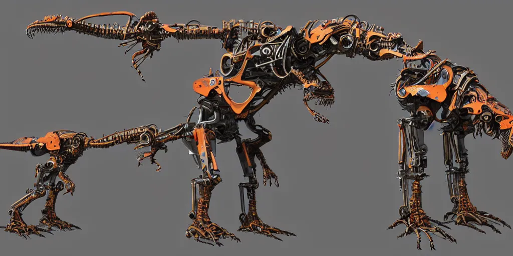 Image similar to a character art rendering of a robot T-rex made of mechanical parts, cartoonish psychedelic paleoart rendering, realistic dinosaur cyborg in the style of simon stålenhag, made with zbrush