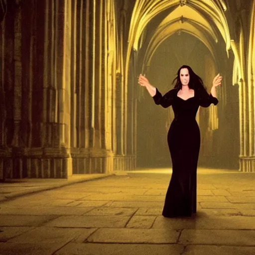 Image similar to jennifer connelly as a vampire showing her fangs in a gloomy gothic cathedral at night