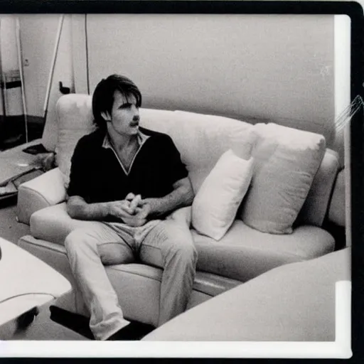 Image similar to Polaroid of Tom Cruise casually watching movies 1983