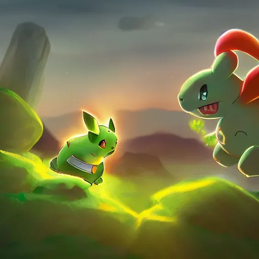 Prompt: Cinematic view of bulbasaur fighting with pikachu on a cliff, hyperdetailed, artstation, fury