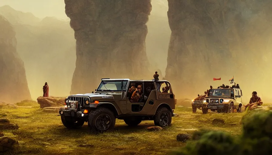 Prompt: Mahindra thar, tribe members watching nearby, an epic fantasy, dramatic lighting, cinematic, establishing shot, extremely high detail, photorealistic, cinematic lighting, artstation, by simon stalenhag, christopher nolan, horizon forbidden west