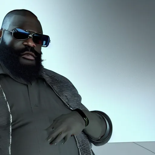 Image similar to Rick Ross as a Metal Gear Solid Villain 2005 JRPG cinema 4d render, Ray tracing reflection, natural lighting, Unreal Engine award winning photography