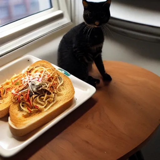 Image similar to noodles on toast cat watching over the food