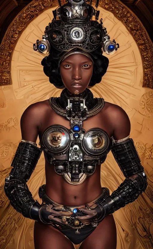 Image similar to beautiful young cyborg queen, beautiful ebony skin, piercing glowing eyes, elegant, striking composition, ornate royal gown, highly detailed ornate sci fi background, mural in the style of sandro botticelli, caravaggio, albrecth durer, 8k