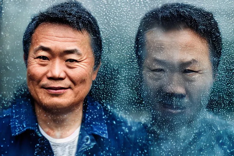 Image similar to a cinematic studio headshot portrait of a middle aged asian man, through a fogged up window, movie still, blue color theme, waves, rain, dramatic lighting, back light, hair light, rim light, 4 k, ultra realistic, by annie leibovitz